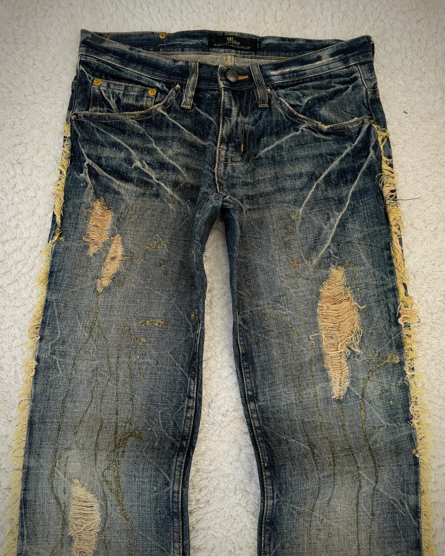 Midas Fringed Gold Splatter Distressed Bootcut Jeans