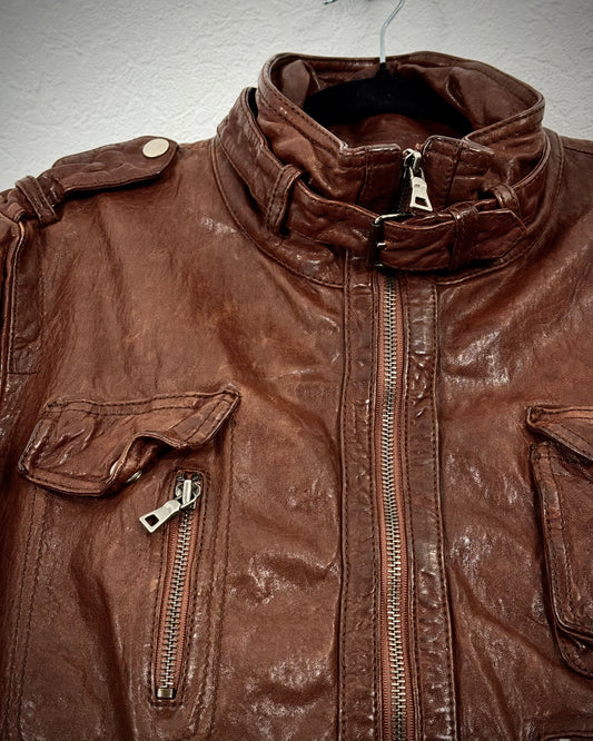 Rust Dyed Quilted Eight Pocket Leather Jacket