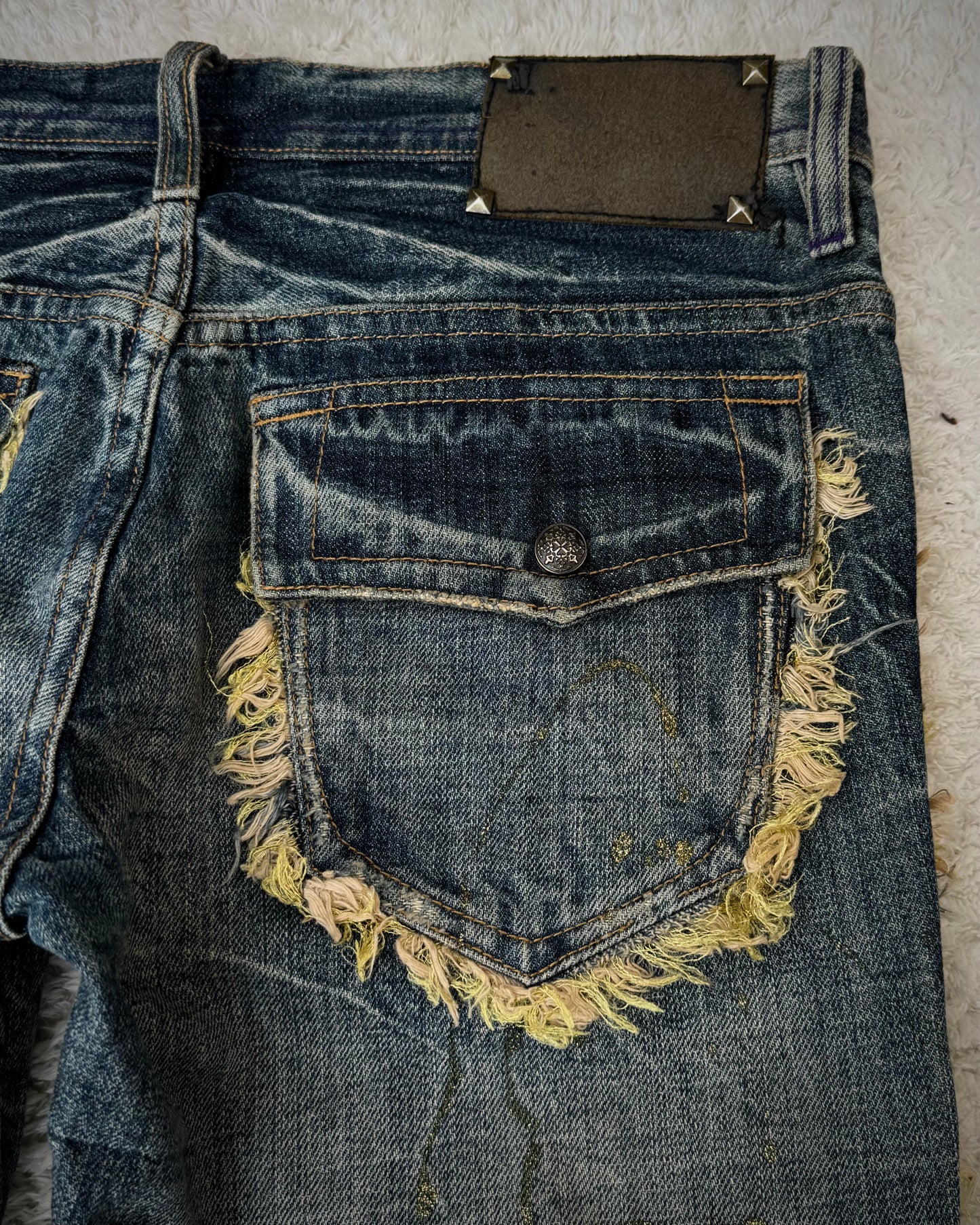 Midas Fringed Gold Splatter Distressed Bootcut Jeans