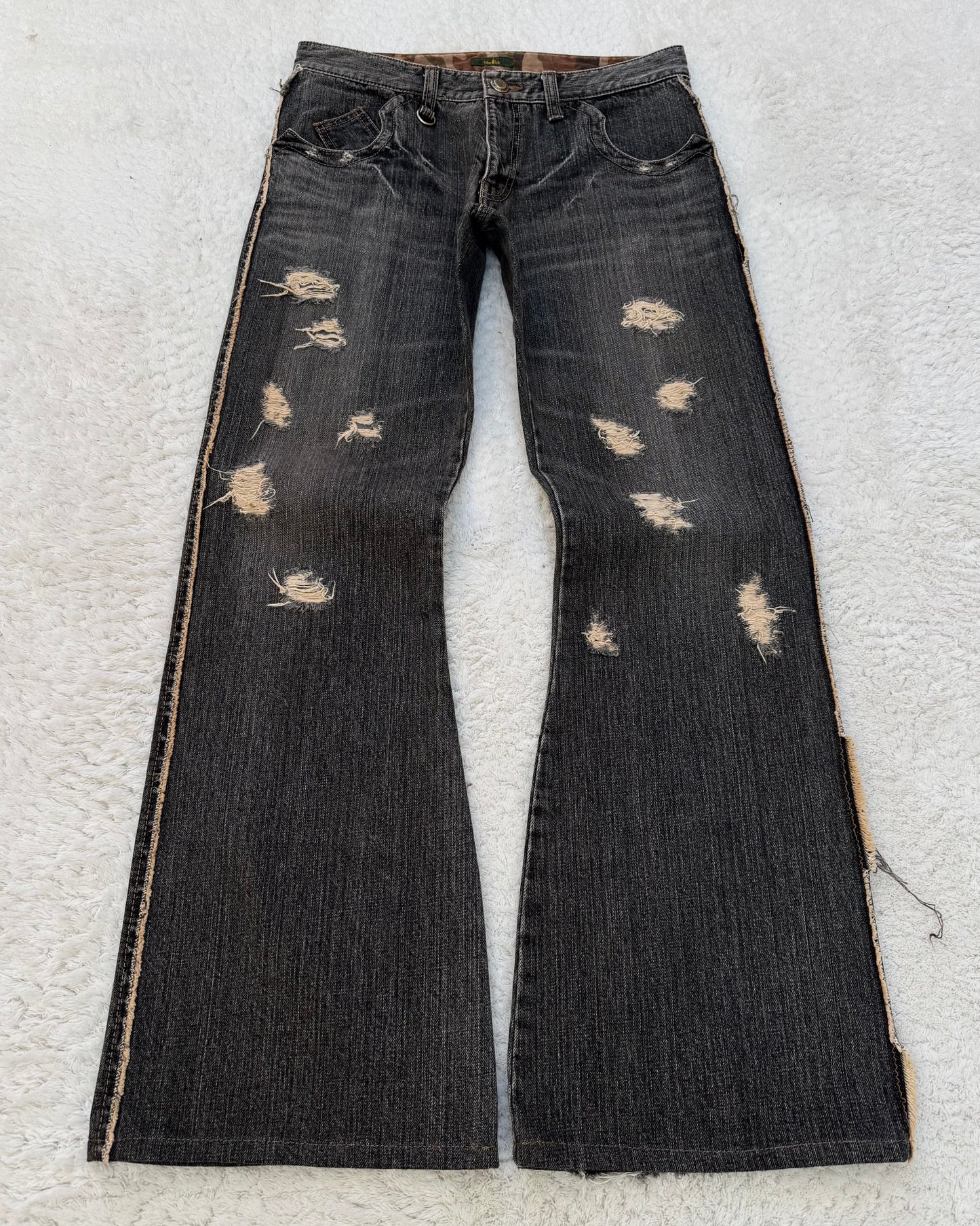 Obelisk Fringe Distressed Flared Jeans