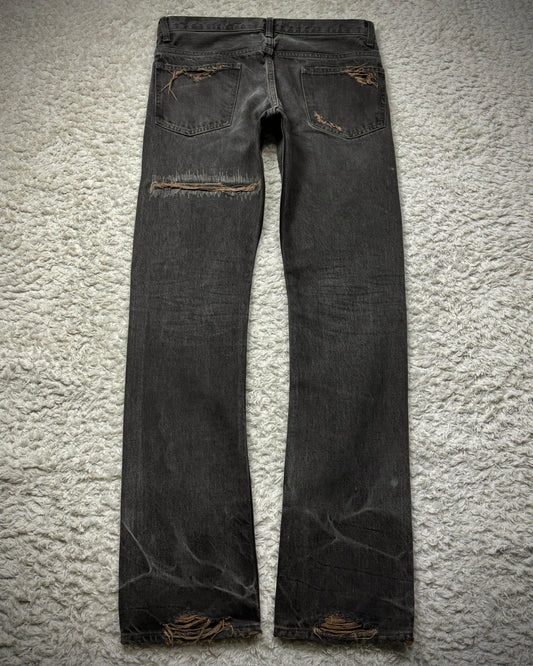 Slow Gun Mud Washed Stitch Repaired Distressed Slim Cut Denim