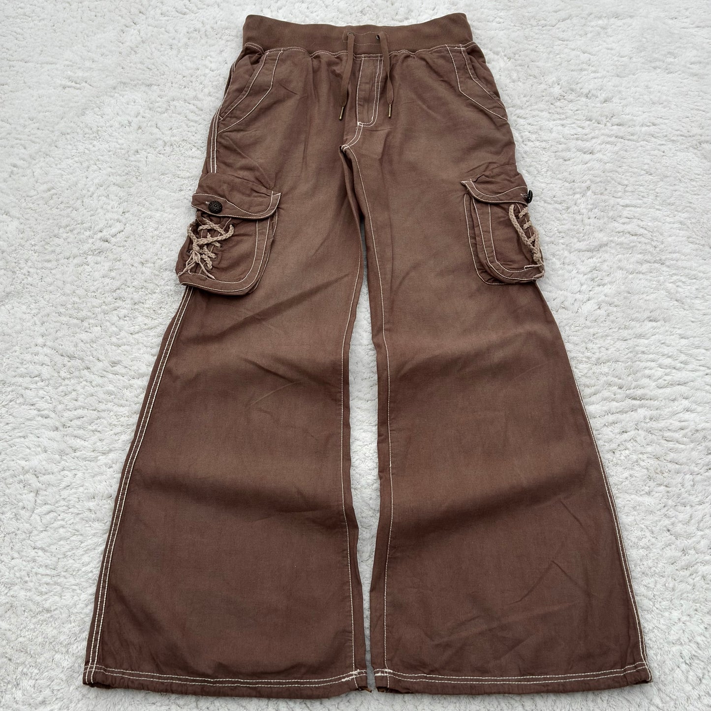 G.O.A Braided Leather Lace-Up Pockets Flared Cargo Sweatpants