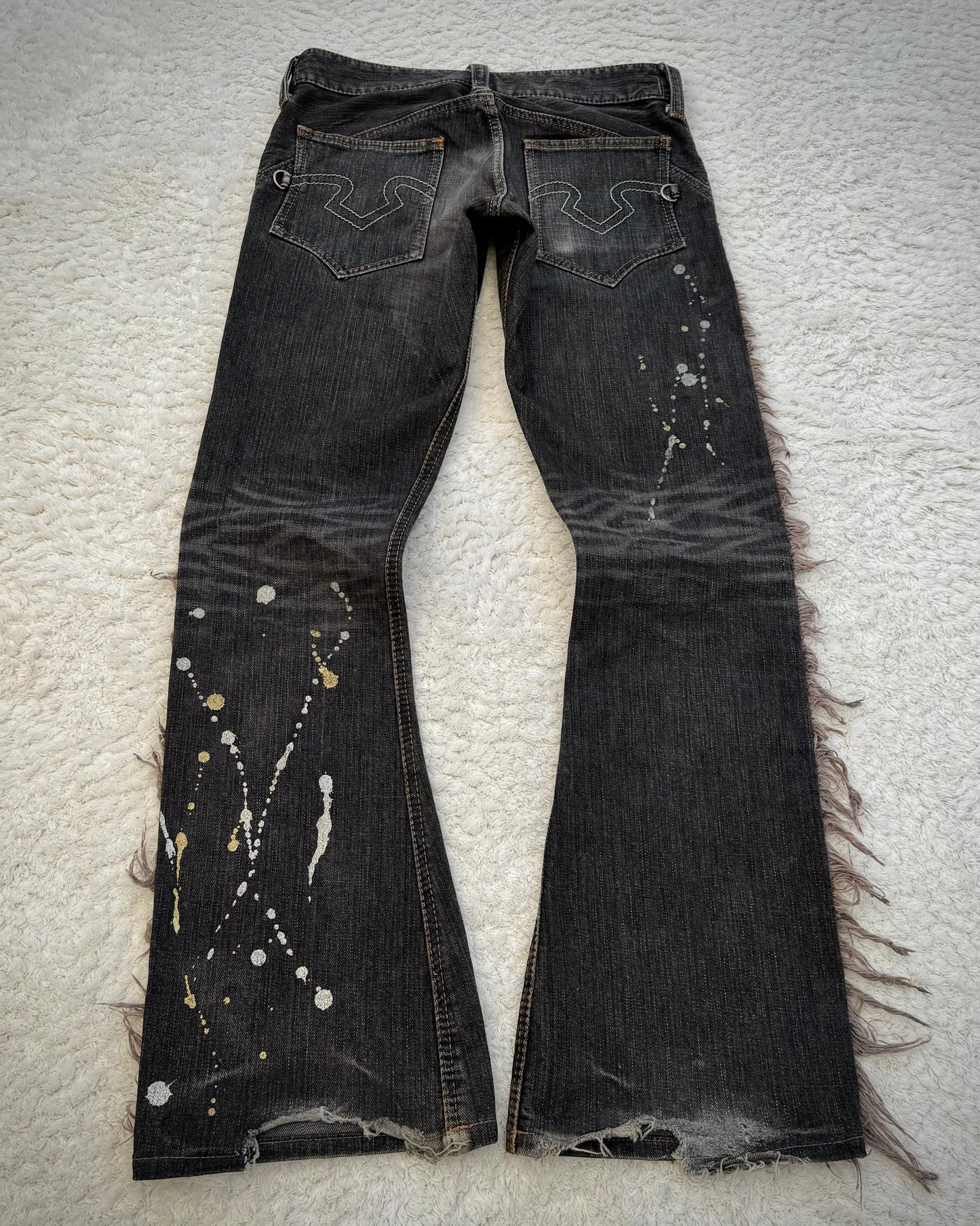 Obelisk Fringed Paint Splatter Flared Jeans
