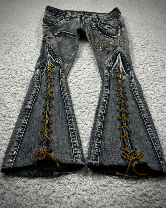 Tornado Mart Crystal Decorated Lace Up Flared Jeans