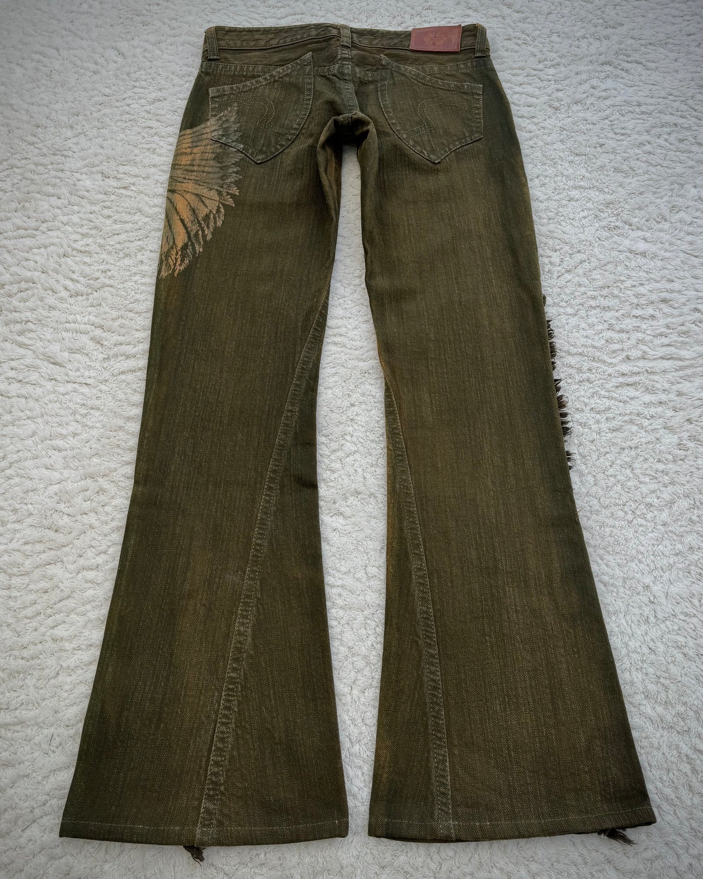 Obelisk Fringed Mud Washed Lace Up Flared Jeans