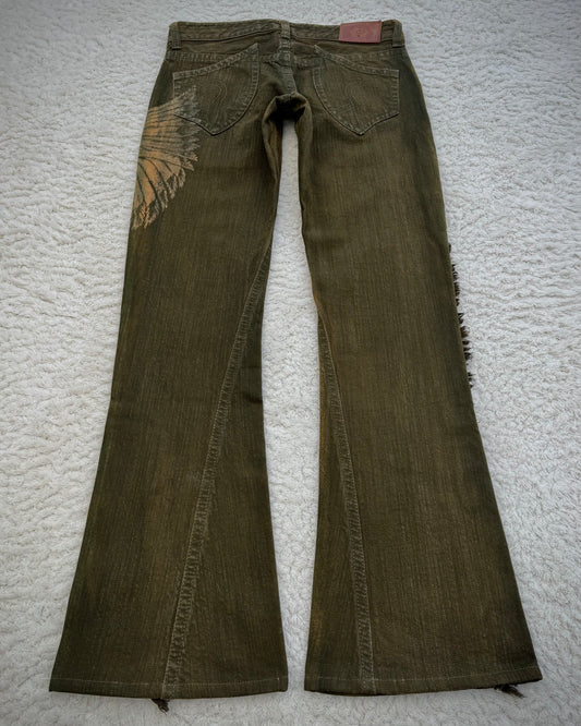 Obelisk Fringed Mud Washed Lace Up Flared Jeans