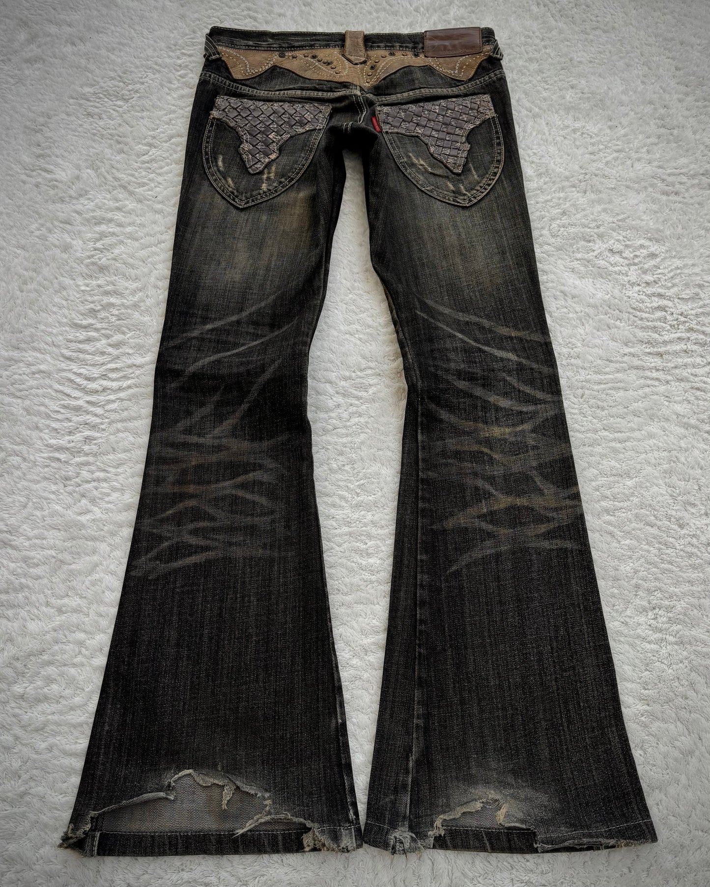 Tornado Mart Western Studded Leather Panels Flared Jeans