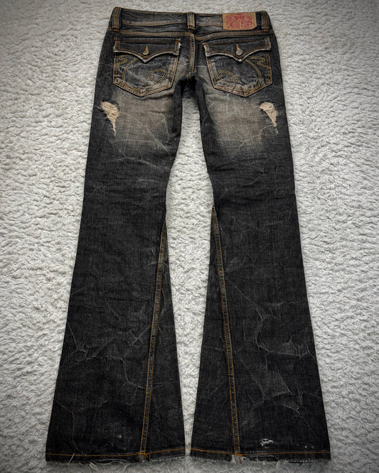 Casva Stitch Repaired Mud Washed Flared Jeans