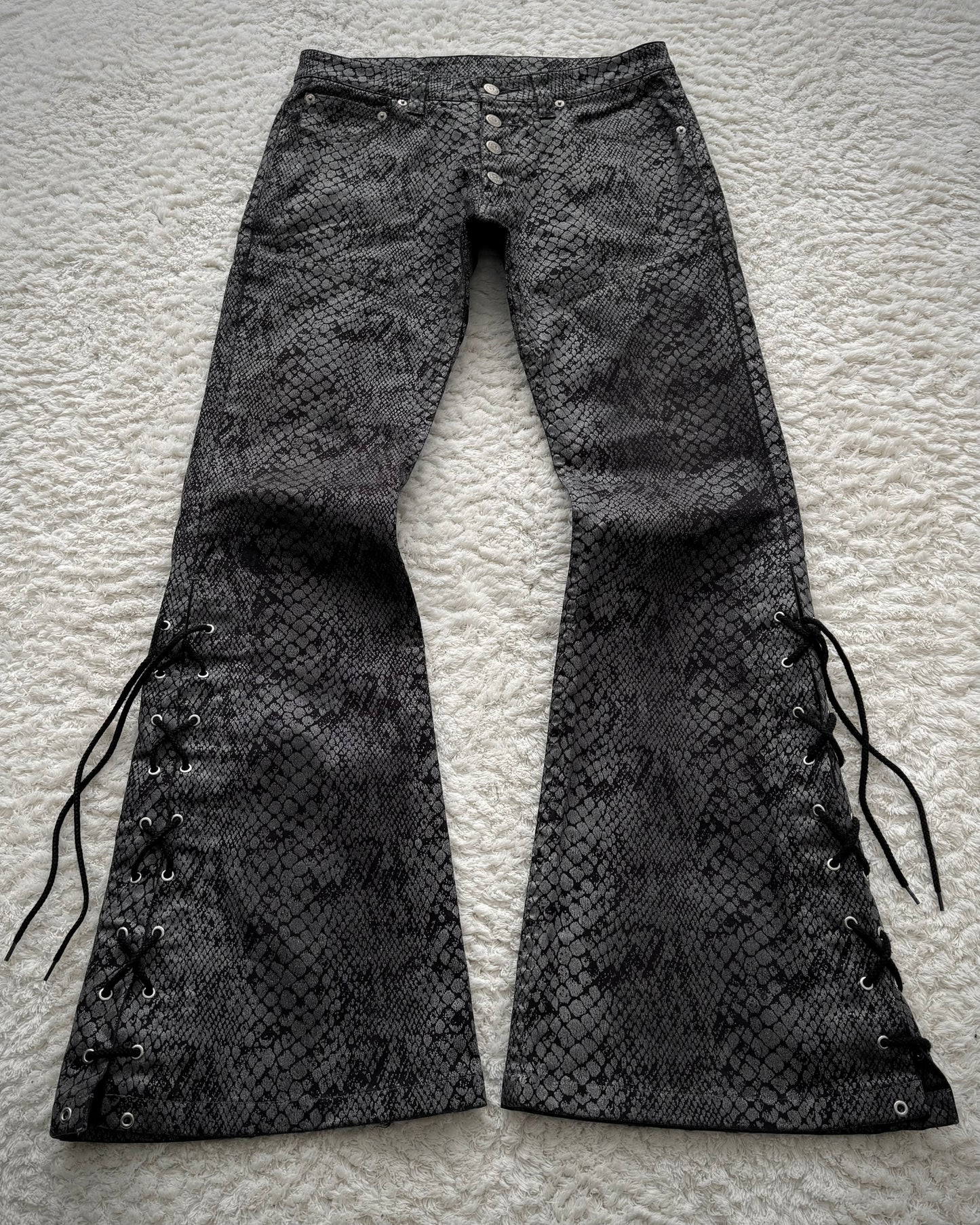 Tornado Mart Python Coated Lace Up Flared Jeans