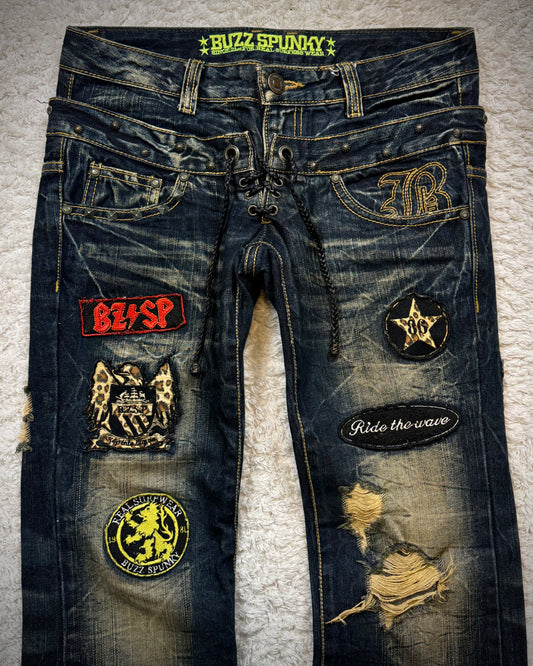 Buzz Spunky Double Waisted Lace Up Studded Patched Bootcut Denim