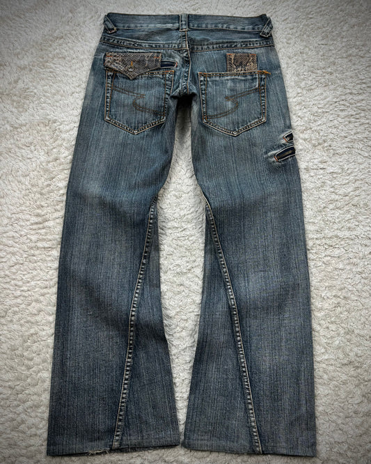 Semantic Design Python Pocket Detailed Spiral Flared Jeans