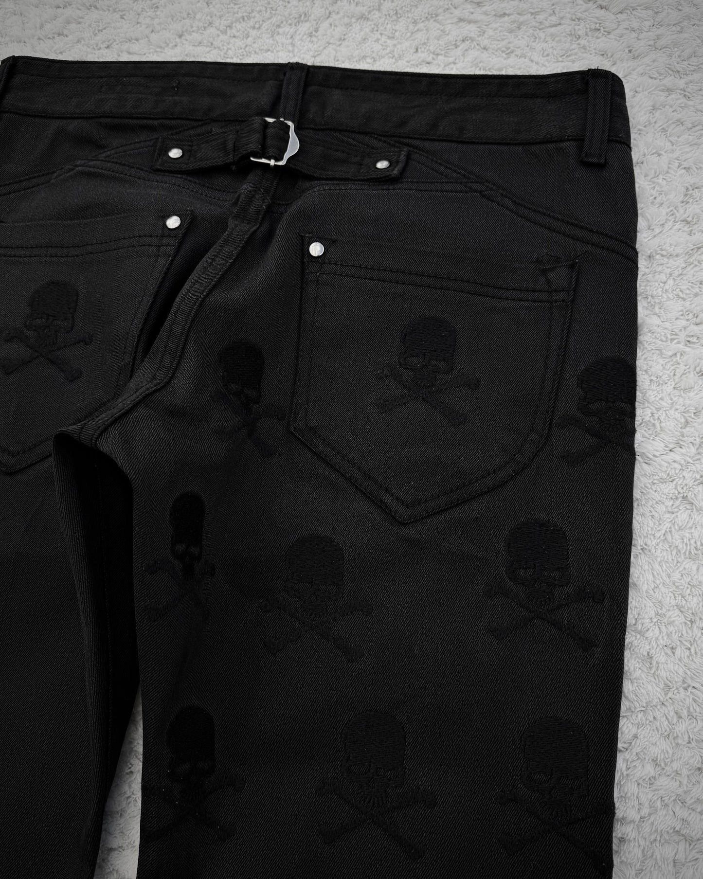 Semantic Design Skull Embroideries Waxed Bootcut Pants