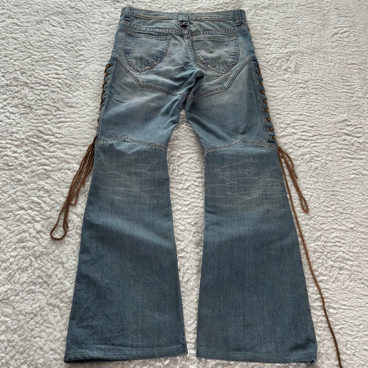Semantic Design Thigh Leather Lace-Up Flared Jeans