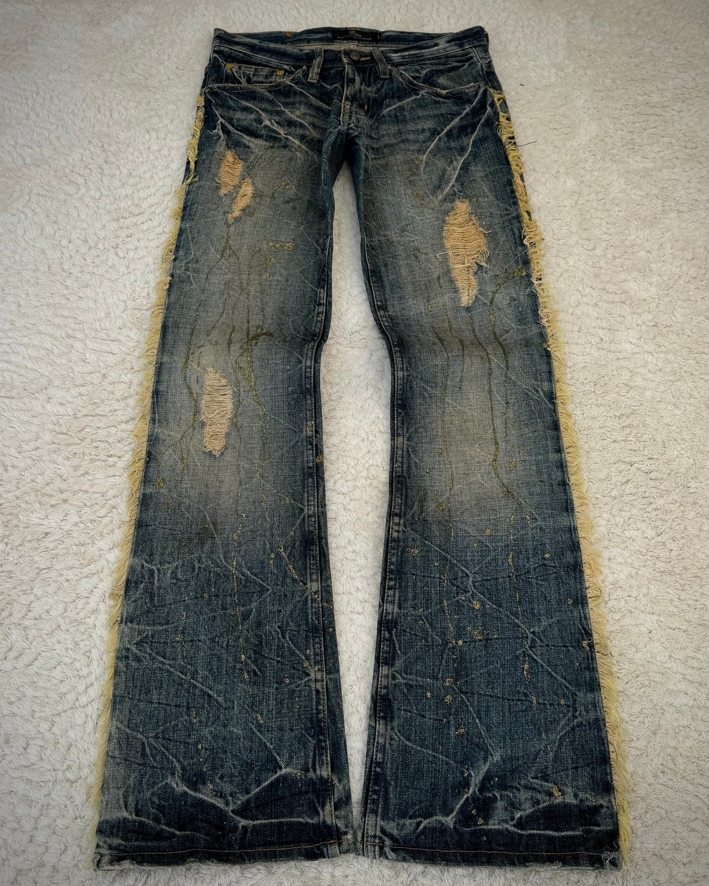 Midas Fringed Gold Splatter Distressed Bootcut Jeans