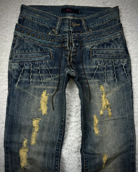 Midas Studded Double Waisted Lace Up Flared Jeans