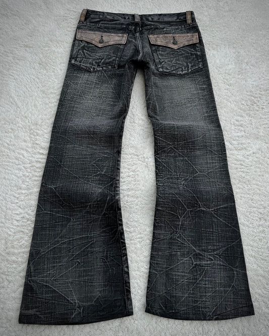 K.U.I. Python Decorated Honeycomb Washed Flared Jeans