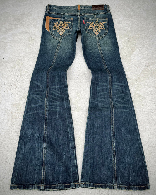 Tornado Mart Leather Tribal Mud Washed Flared Jeans