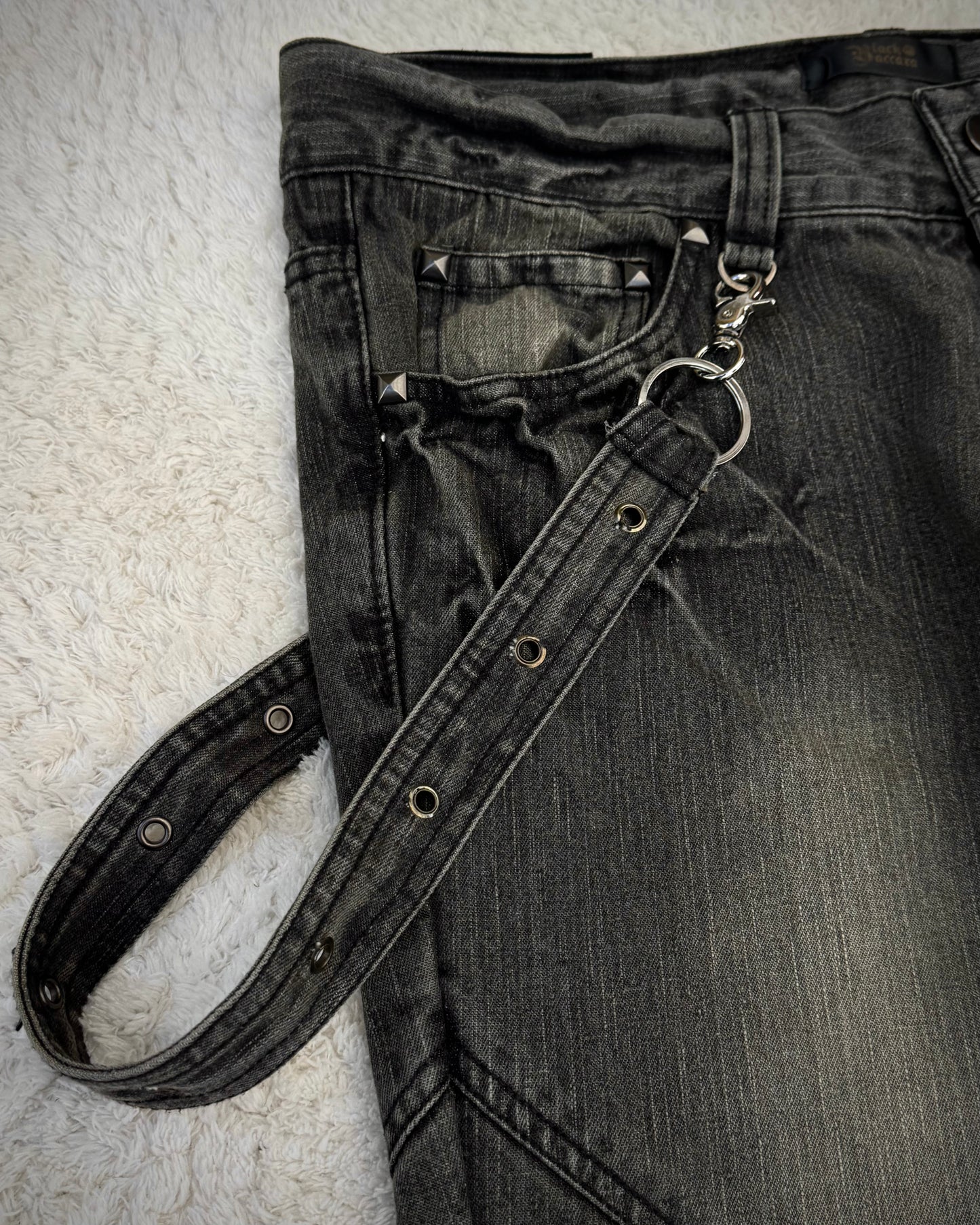 Black Baccara Belted Straps Zippered Flared Jeans
