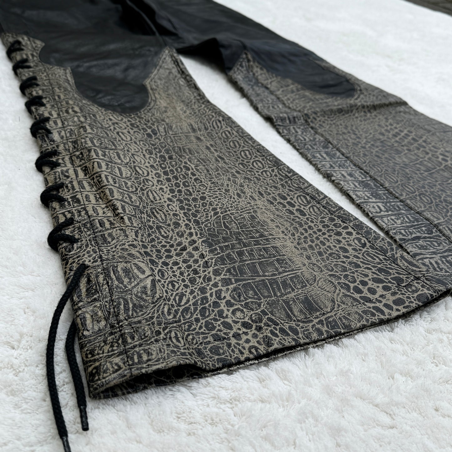 Tornado Mart Crocodile Leather Flared Lace-Up Pants