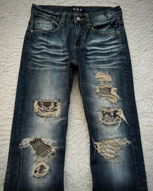 K.U.I. Snakeskin & Croc Repaired Distressing Bootcut Lace Up Jeans