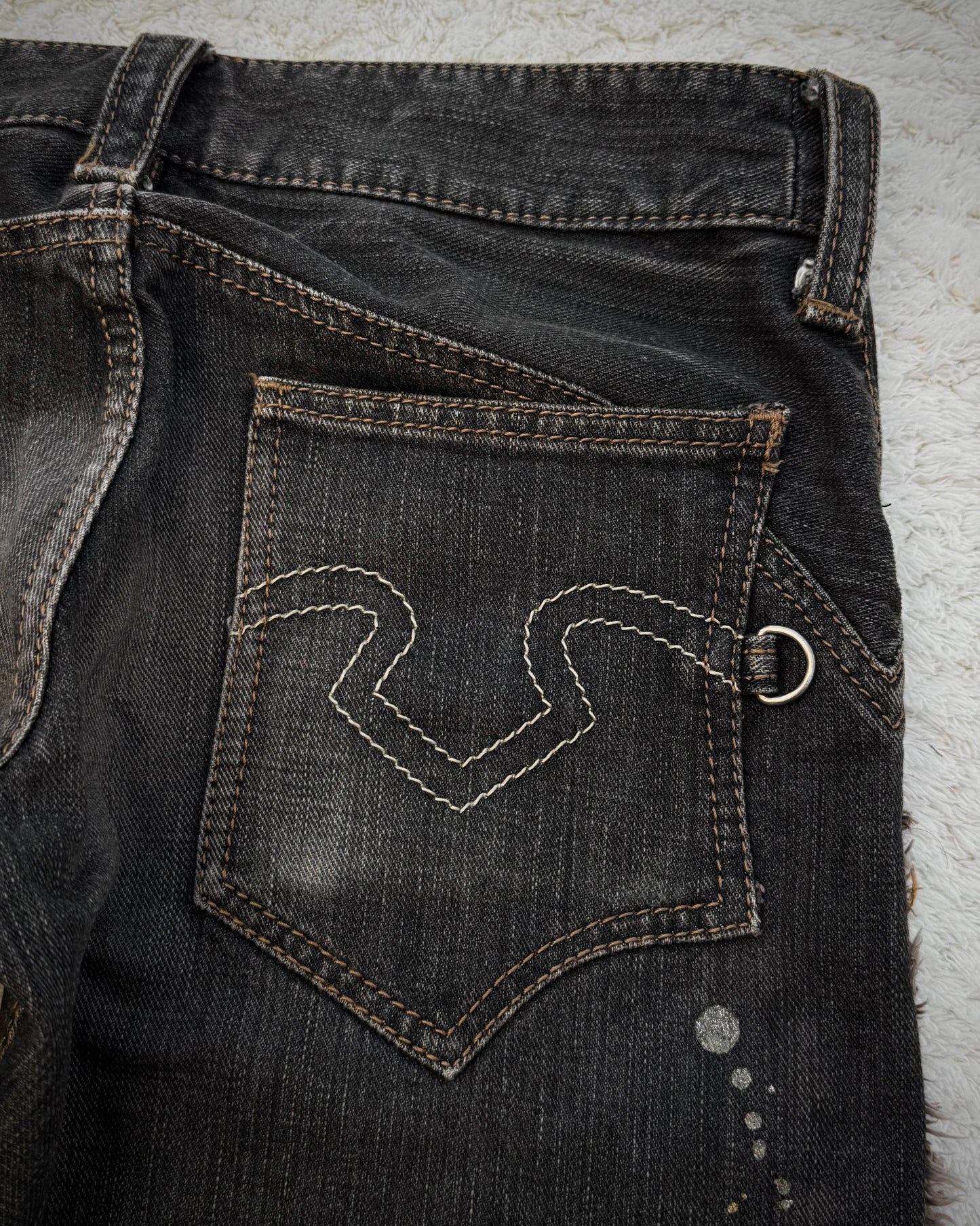 Obelisk Fringed Paint Splatter Flared Jeans