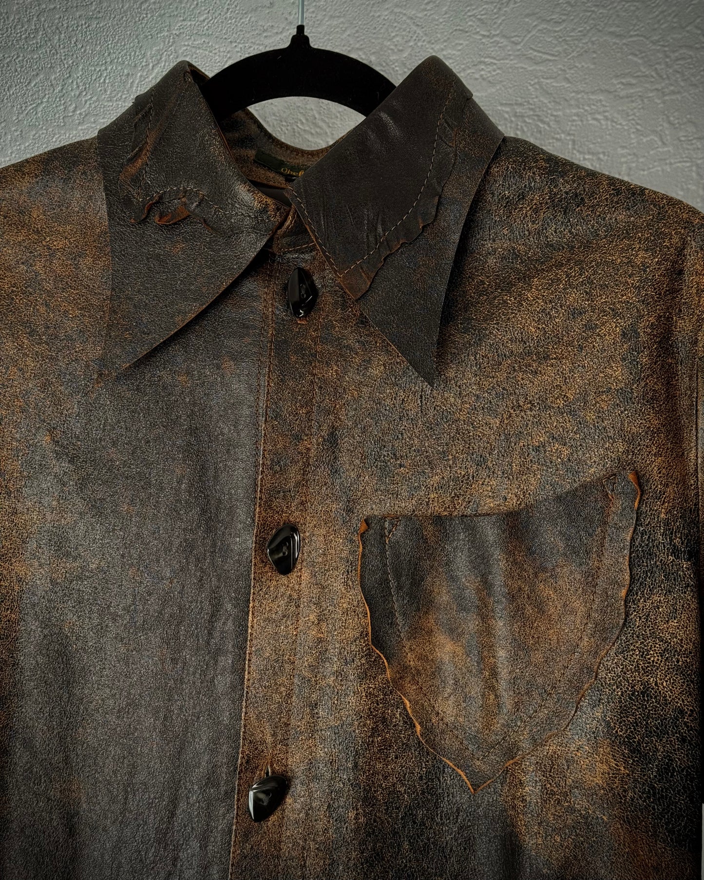 Obelisk Raw Cut Pierced Lace Up Leather Shirt