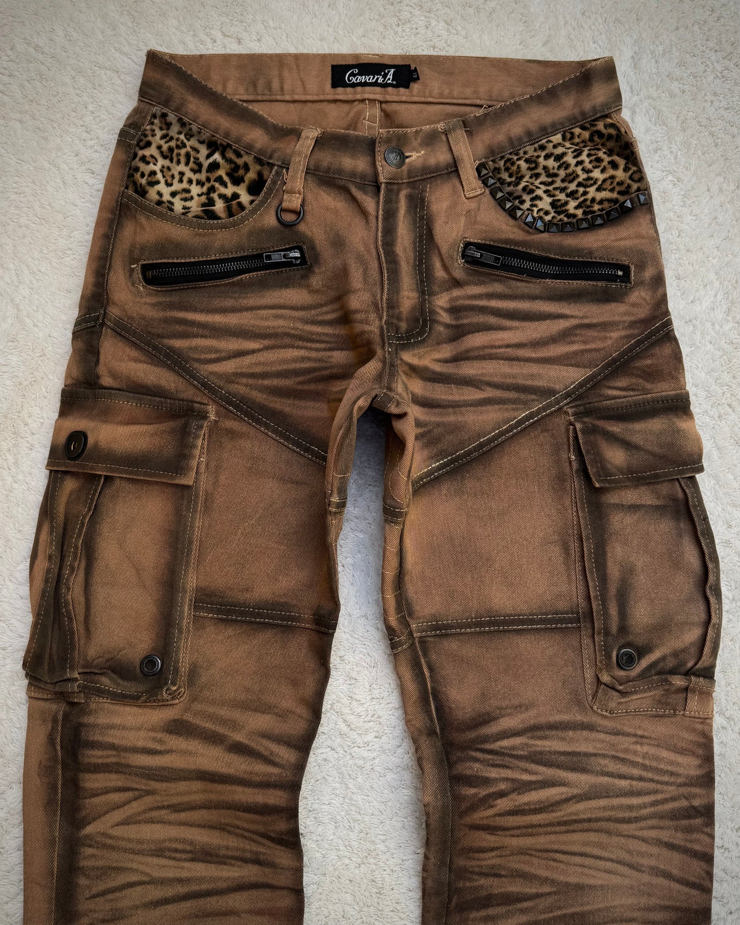 CavariA Leopard Gas Mask Cargo Pocket Flared Jeans