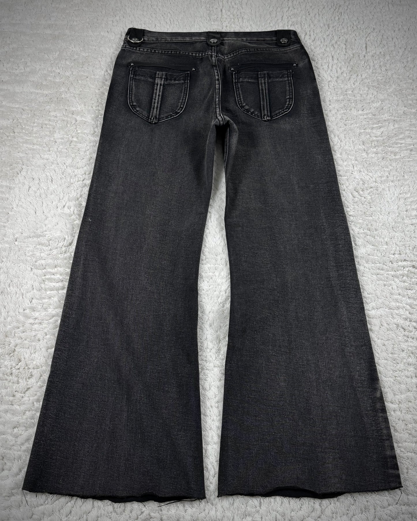 Cross Print Leather Hardware Detailed Wide Leg Bootcut Denim