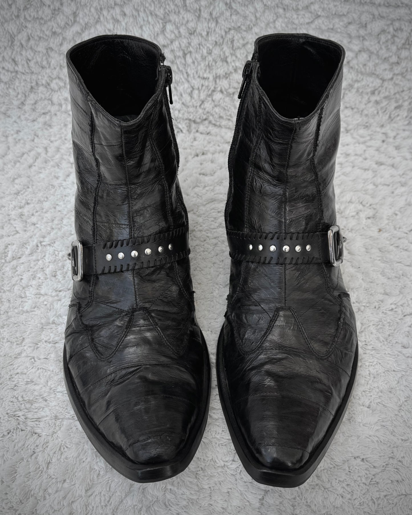 Italian Scar Stitched Belted Textured Pointed Leather Boots