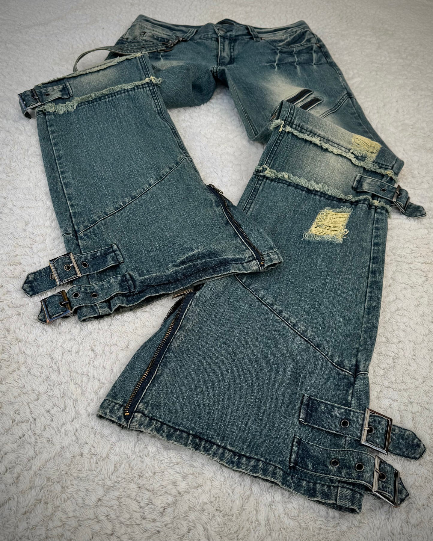 Black Baccara Mud Washed Belted Straps Flared Jeans