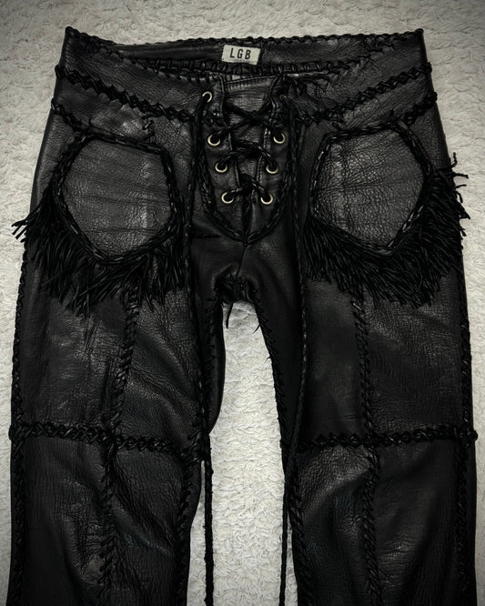 L.G.B. “Carlos” Fringed Scar Stitched Lace Up Flared Leather Pants