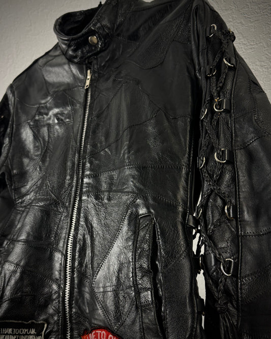 Diamond Plate Lace Up Buffalo Leather Patchwork Biker Jacket