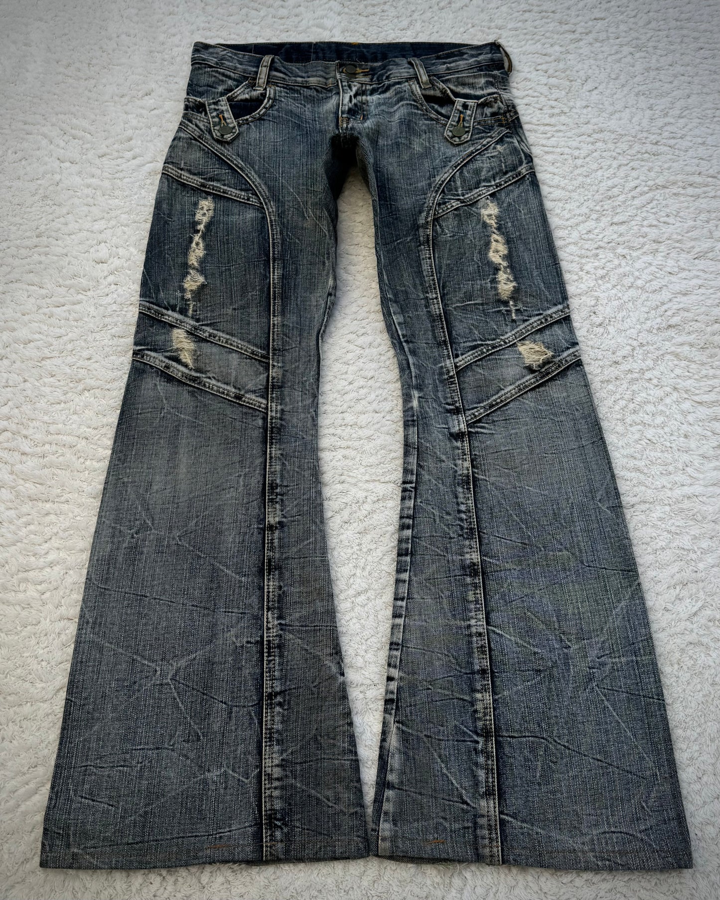 Tornado Mart Multi-Panel Crinkle Washed Flared Jeans