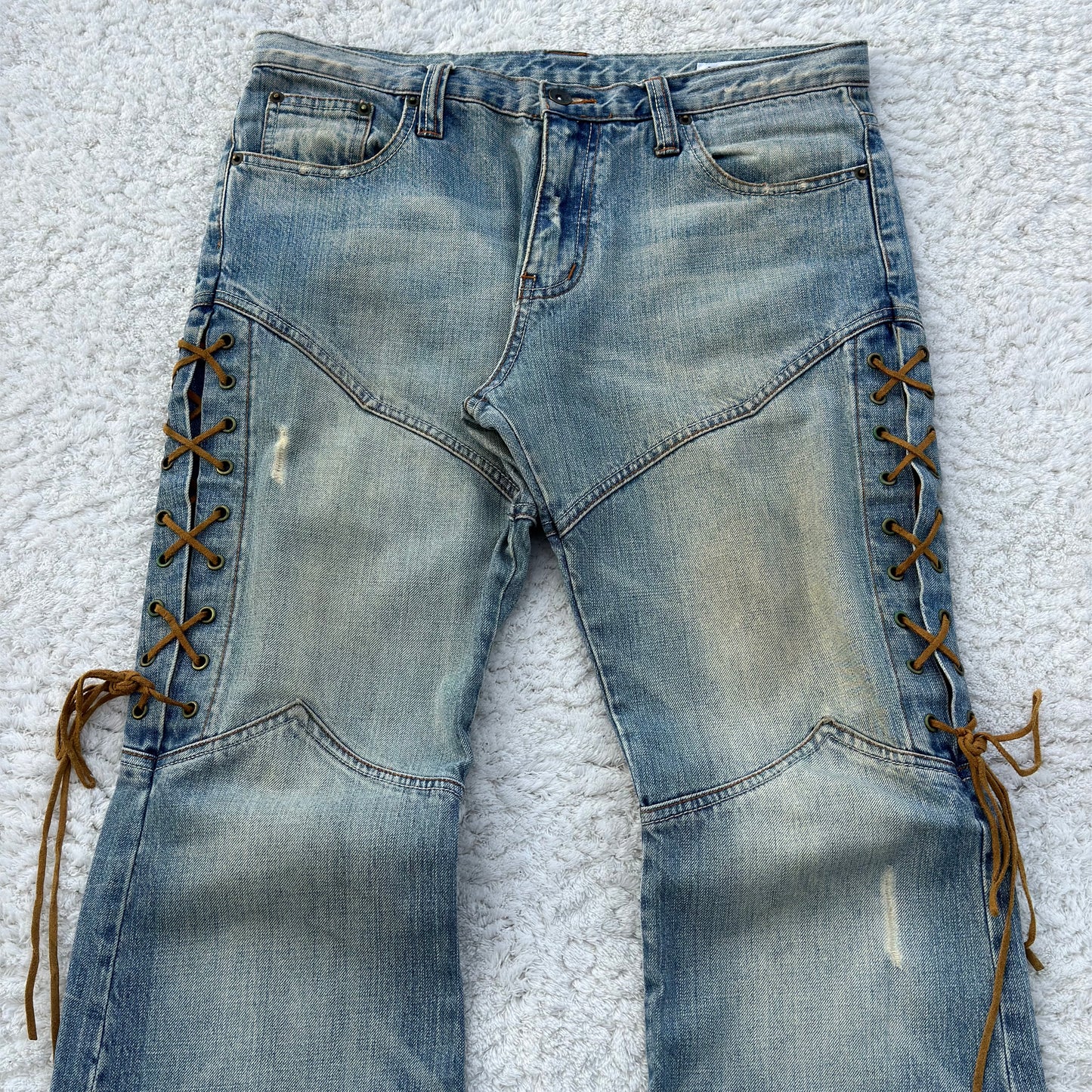 Semantic Design Thigh Leather Lace-Up Flared Jeans