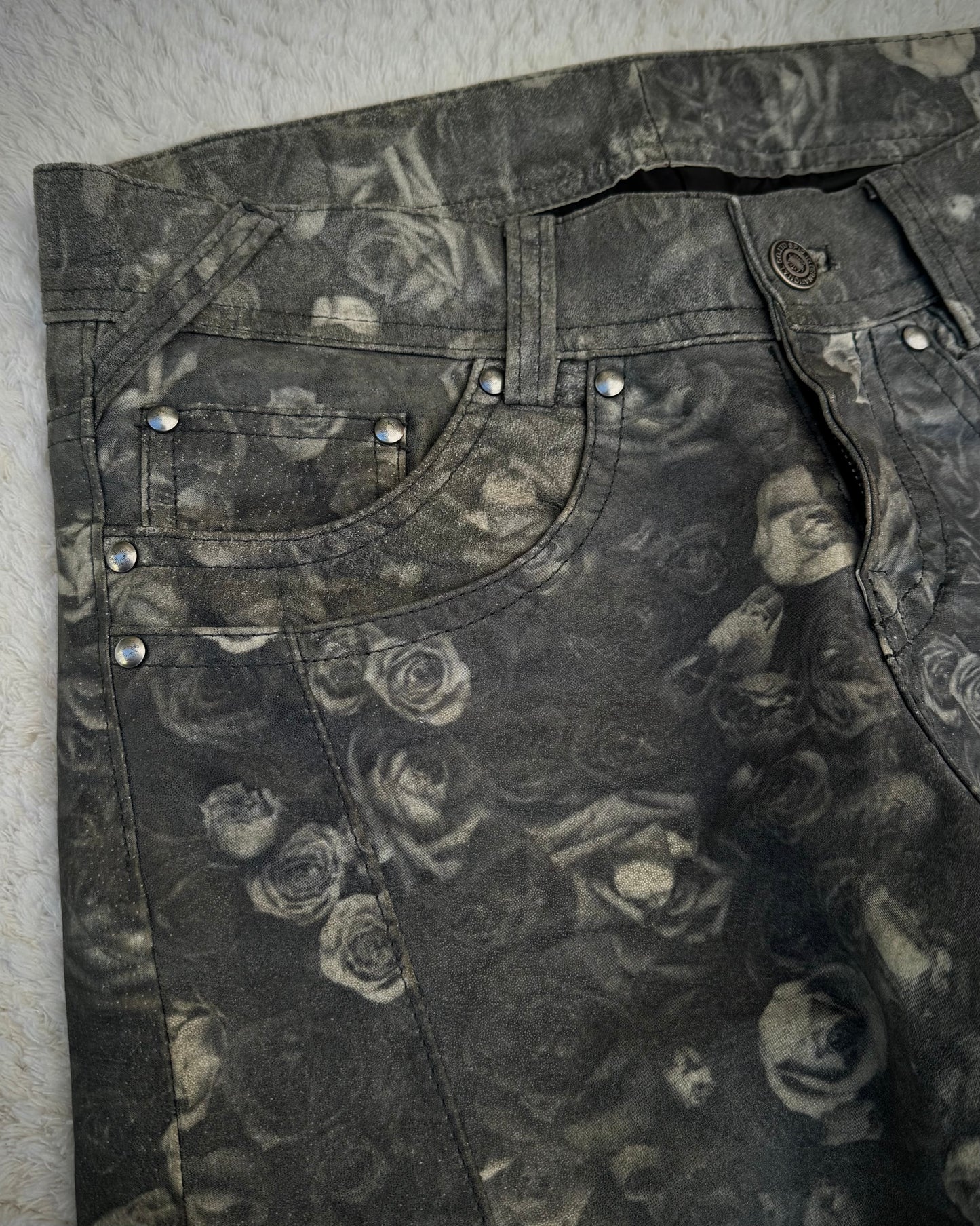 Tornado Mart Floral Tribal Embroidery Flared Leather Pants