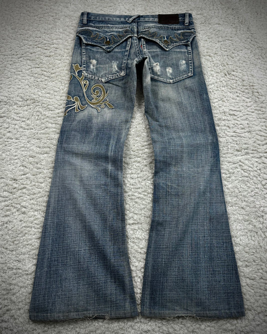Tornado Mart Tribal Embroidery Spiral Flared Jeans
