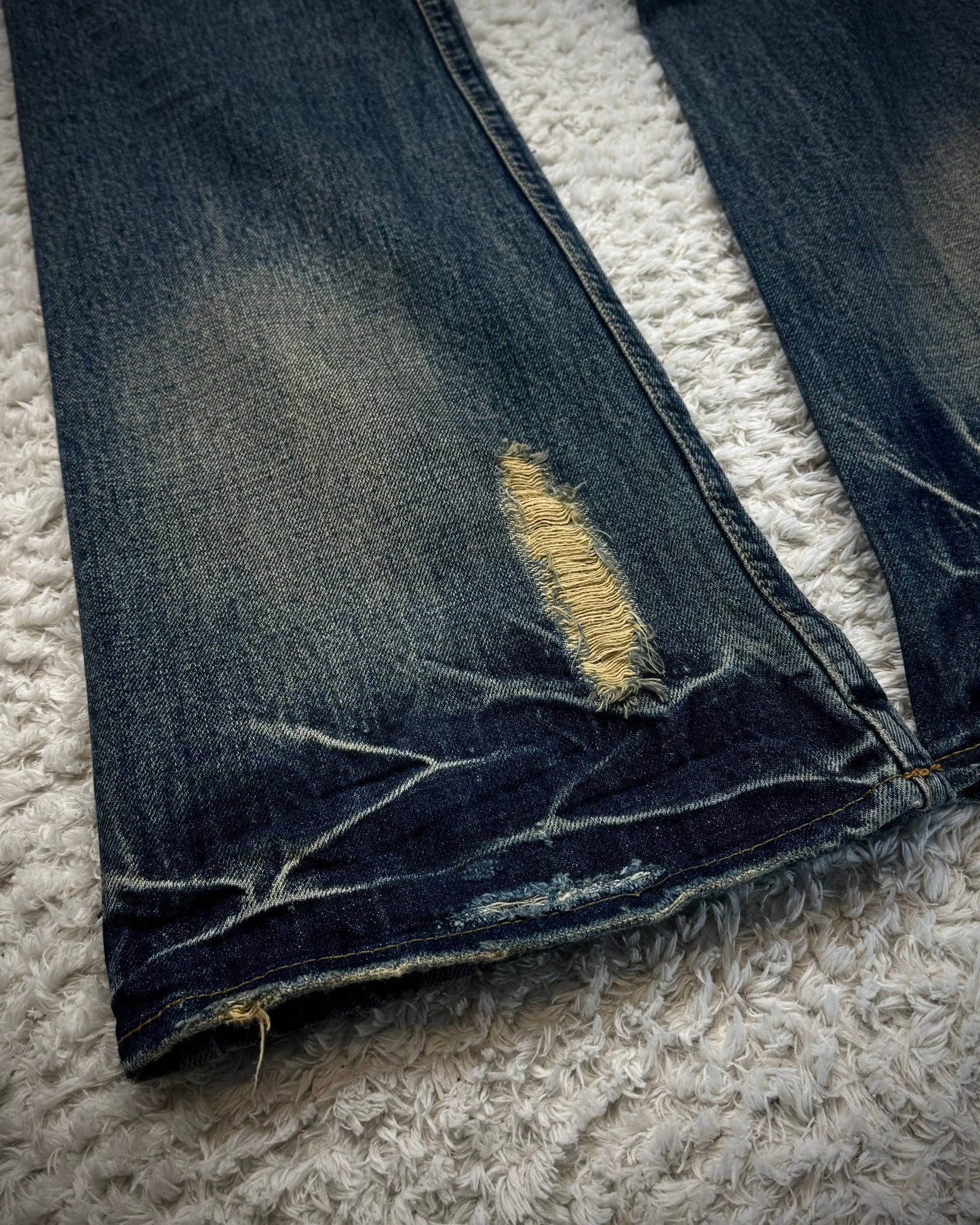 Midas Double Waisted Lace Up Studded Patched Flared Jeans