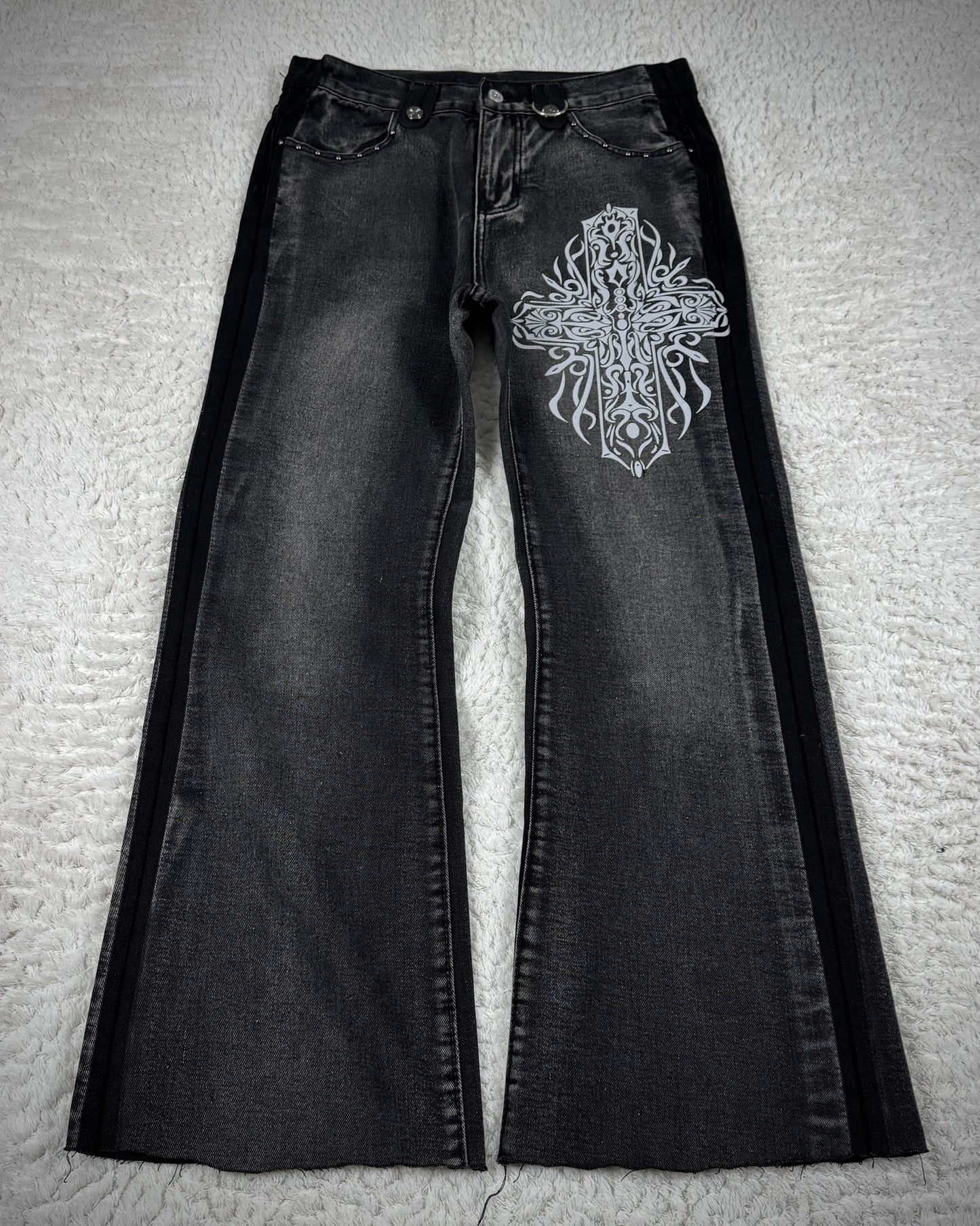 Cross Print Leather Hardware Detailed Wide Leg Bootcut Denim