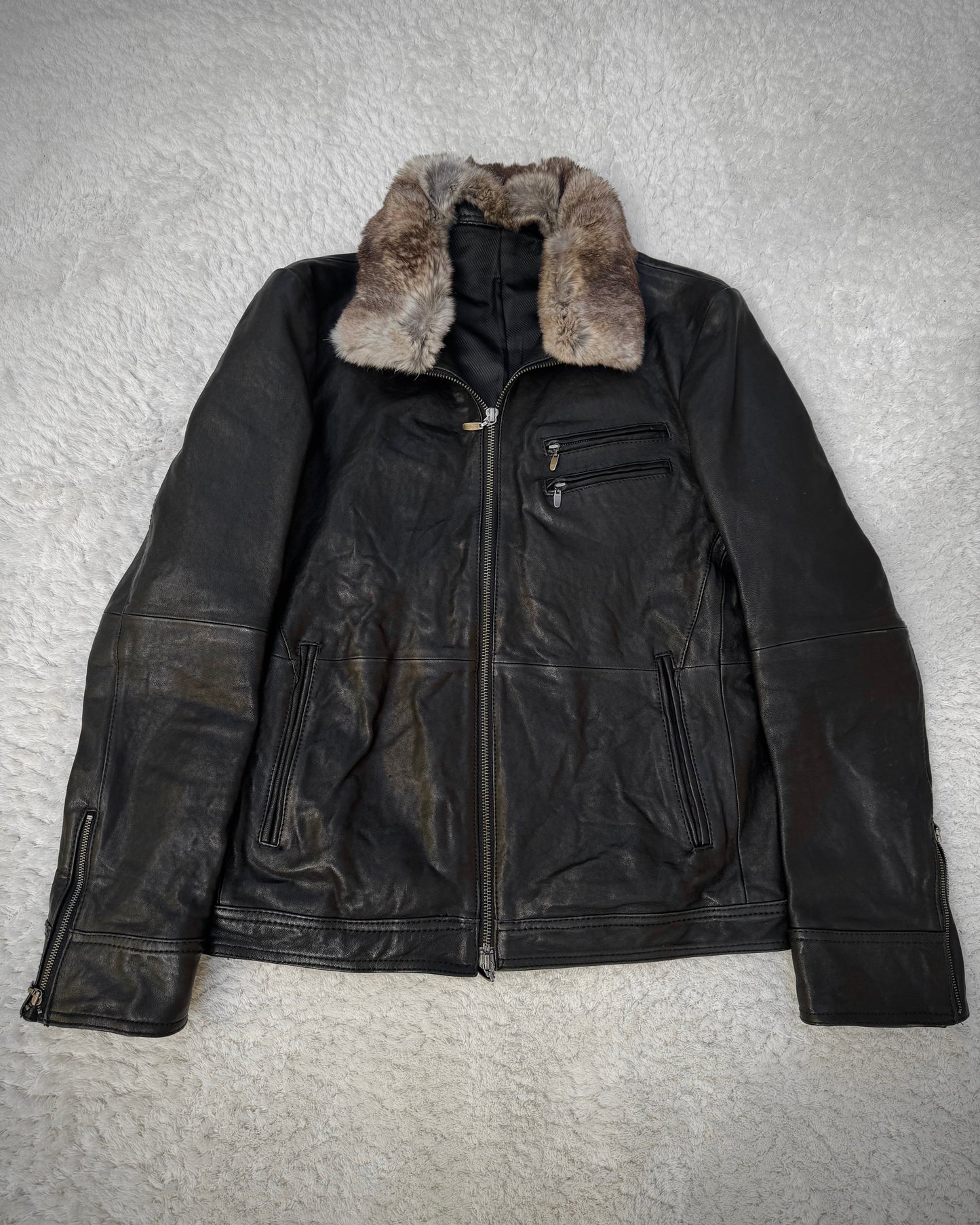 Comme Ça Men Rabbit Fur Collar Sheepskin Leather Jacket