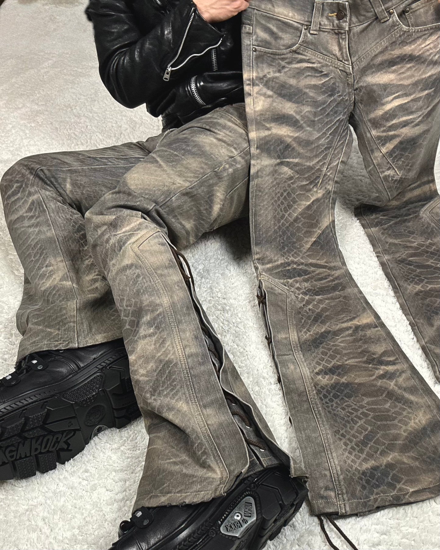 Tornado Mart Python Waxed Lace Up Flared Jeans