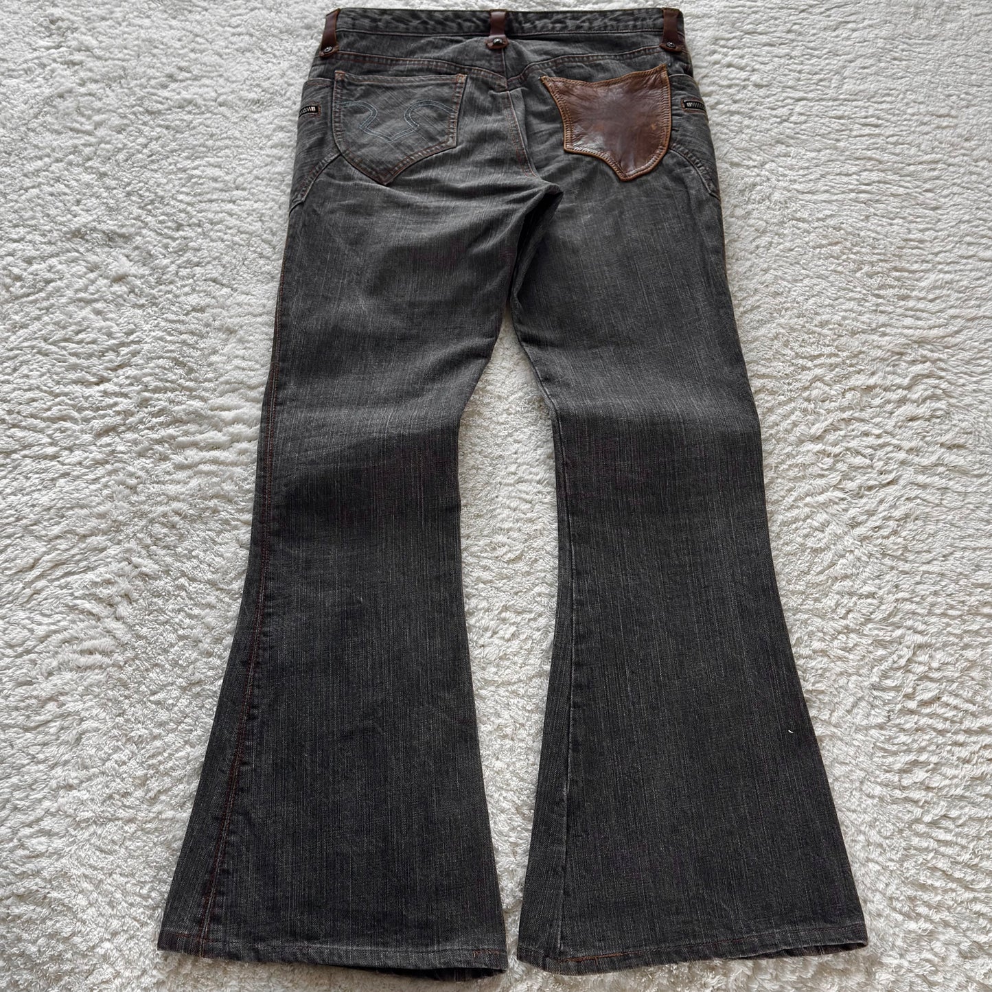 Obelisk Leather Pocket Flared Jeans