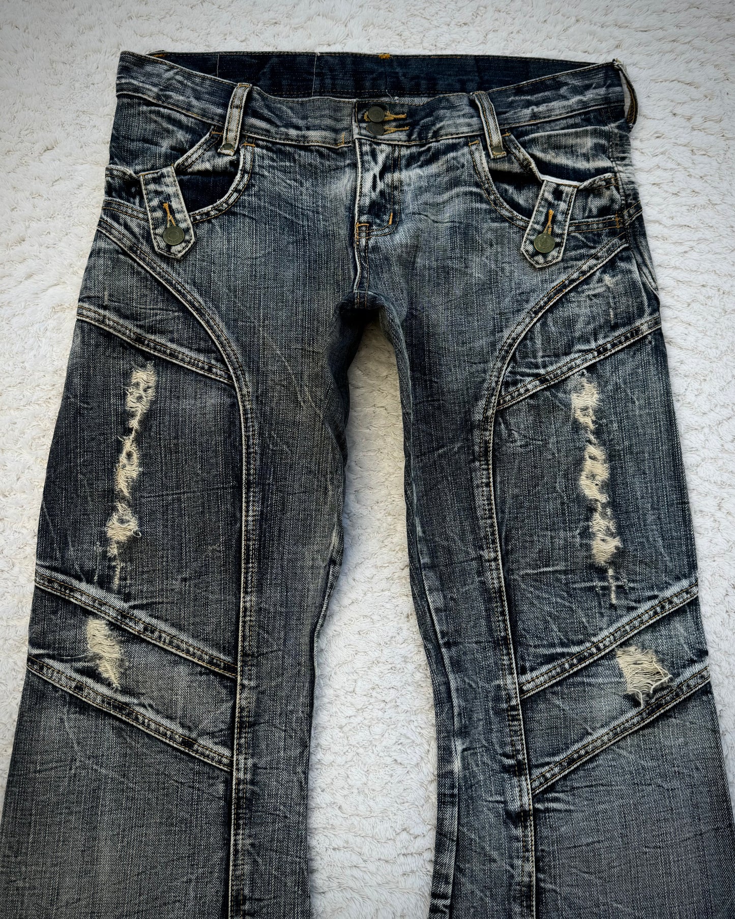 Tornado Mart Multi-Panel Crinkle Washed Flared Jeans