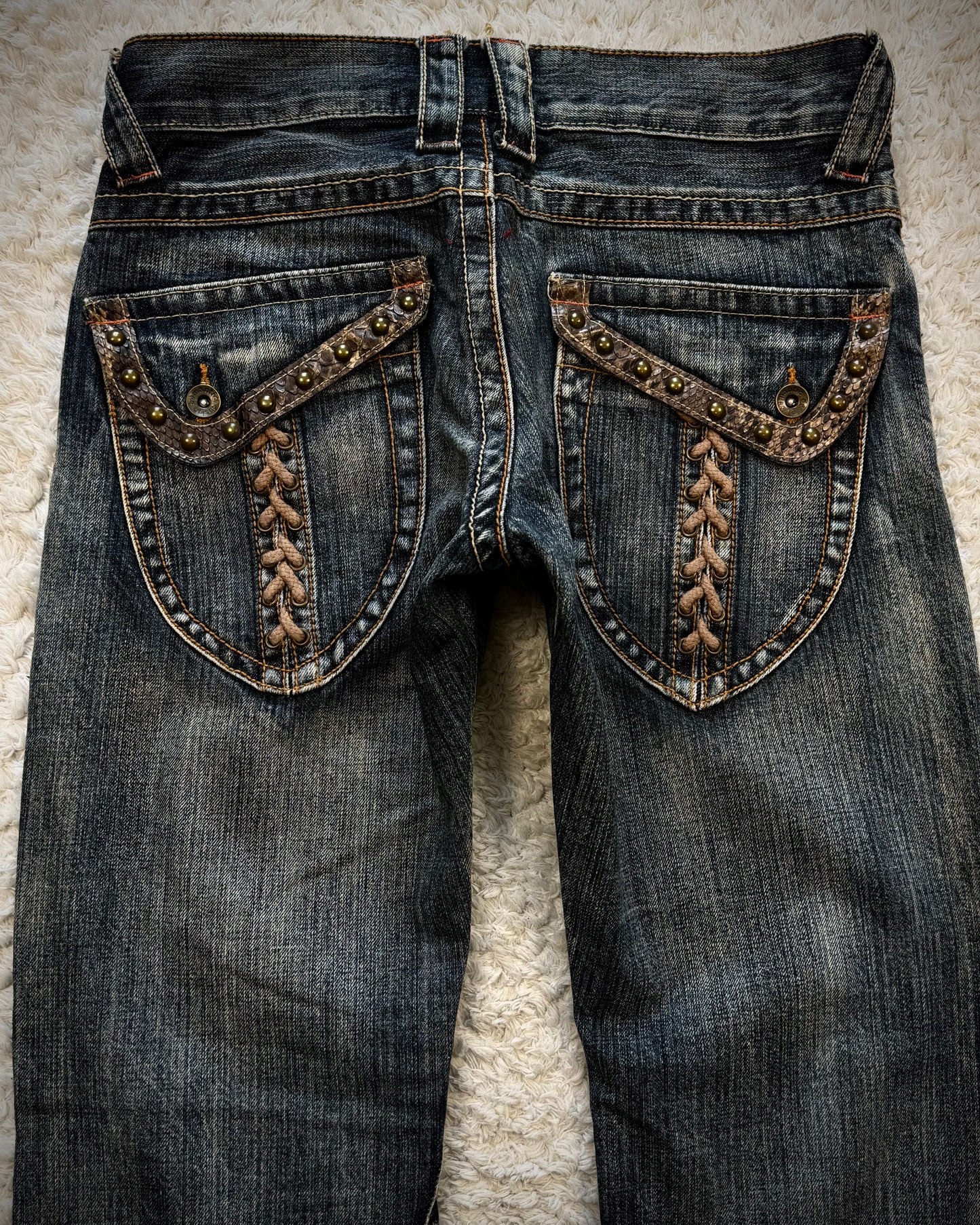 Semantic Design Python Detailed Lace Up Pocket Spiral Flared Jeans