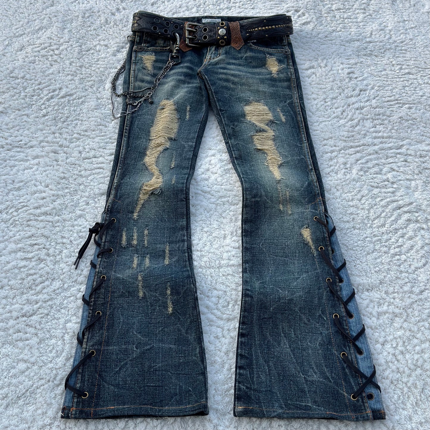 Gramercy Distressed Python Lace-Up Flared Jeans