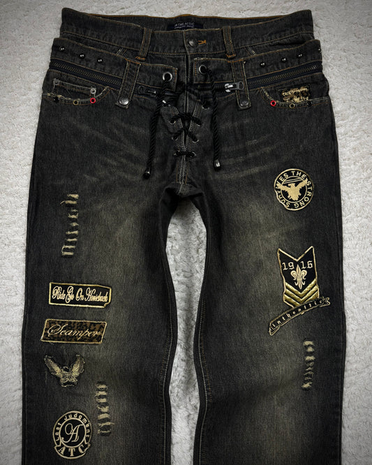 In The Attic Double Waisted Studded Lace Up Flared Jeans