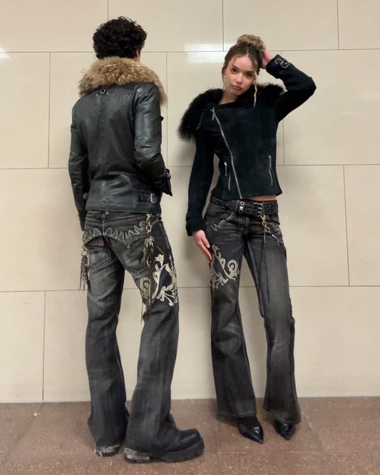 Tornado Mart Tribal Embroidery Spiral Flared Jeans