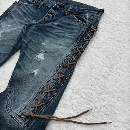 Tornado Mart Thigh Lace-Up Spiral Cut Flared Jeans
