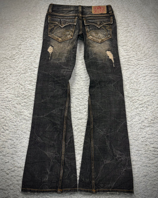 Casva Stitch Repaired Mud Washed Flared Jeans
