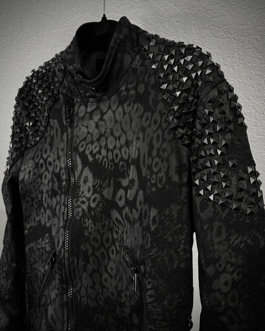 By The R Leopard Waxed Studded Lace Up Biker Jacket
