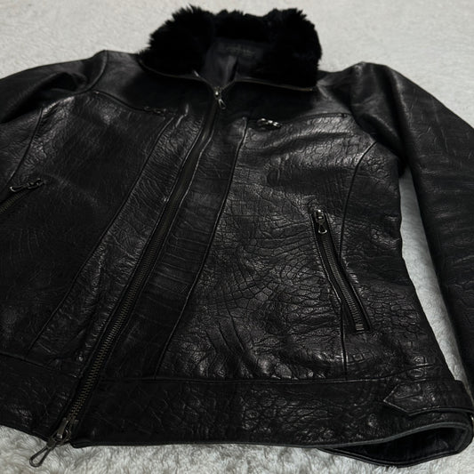 Tornado Mart Croc Embossed Cowhide Fur Collar Leather Jacket